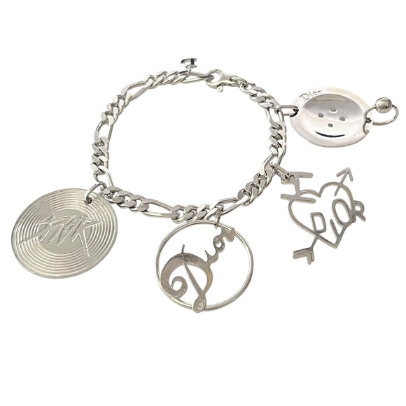 AUTH VTG Christian Dior Silver Figaro Chain Link Large Logo Charm Bracelet - Picture 12 of 16